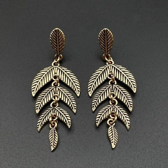 Bronze Dangling Detailed Leaf Boho Vintage Style Post Back Drop Earrings - Picture 2 of 10